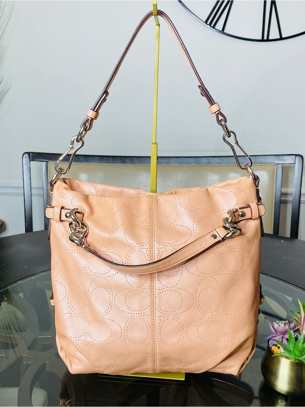 Coach Brooke Perforated Signature Leather Convertible Hobo Shoulder Bag Peach